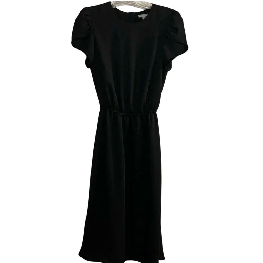 H&M Women's Black Midi Dress‎ Size 4 Cinched Waist Puff Sleeve Button Back